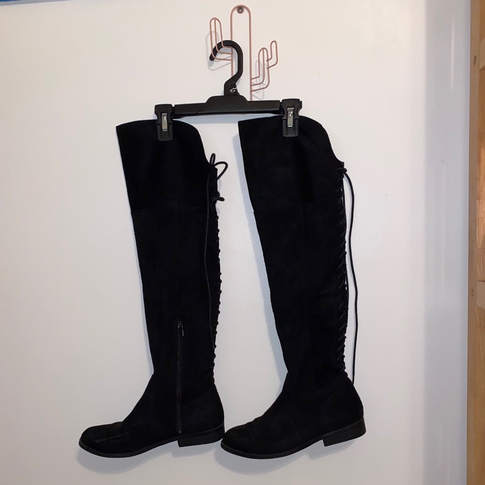 FAUX LEATHER VELVET THIGH HIGH BOOTS